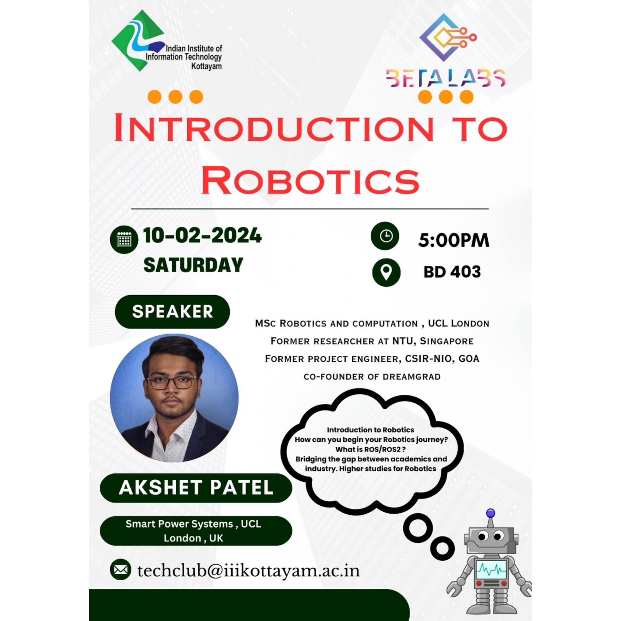 Invited talk Introduction to Robotics at IIIT Kottayam