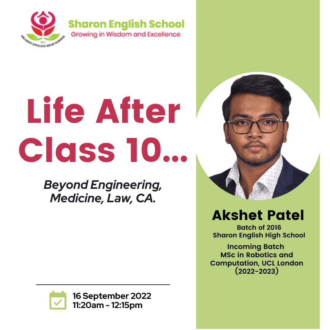 Invited talk Life After Class 10 at Sharon English High School